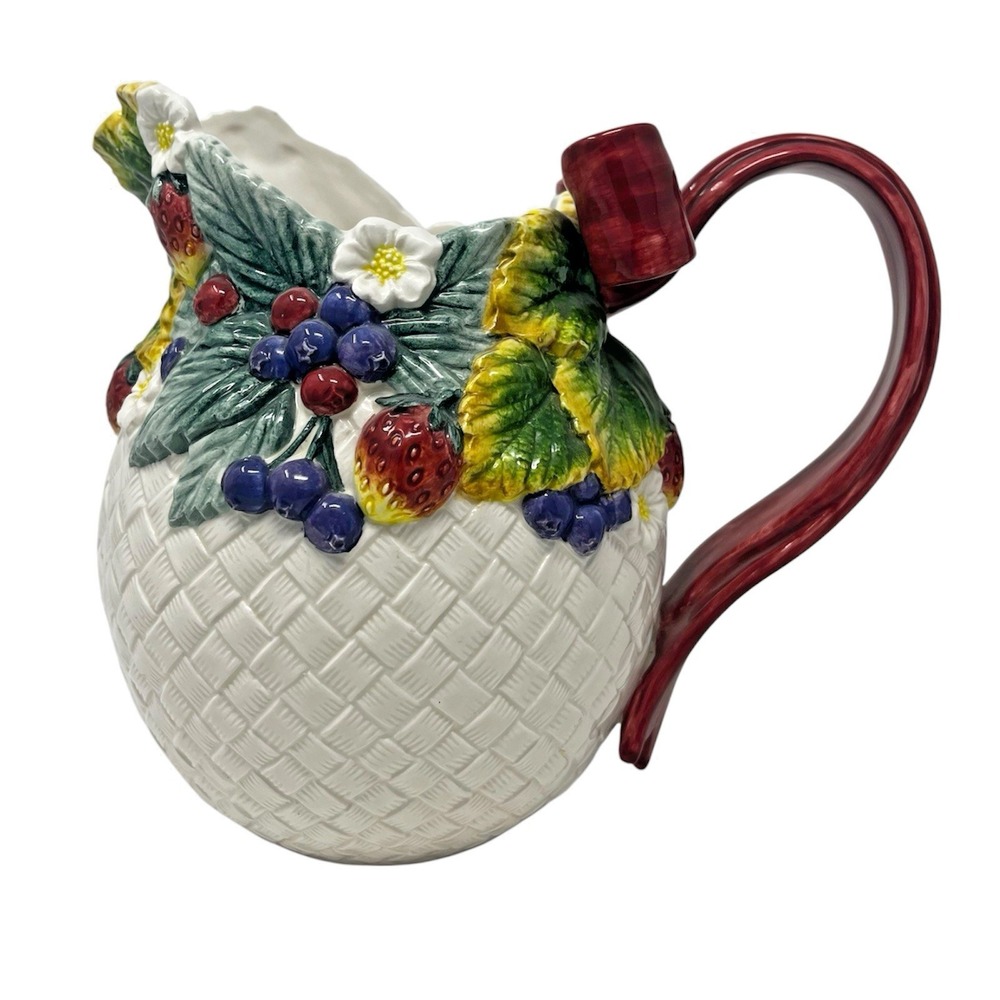 Fitz & Floyd Berry Patch 1995 Ribbon Handle Pitcher Bouquet Holder